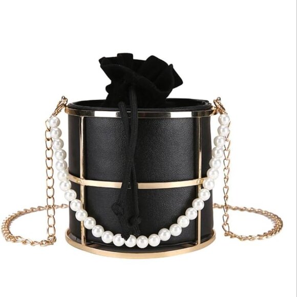 Clutch Bag for Women Pearl Evening Bags Top-Handle Metal Bucket Bag Crystal Chic